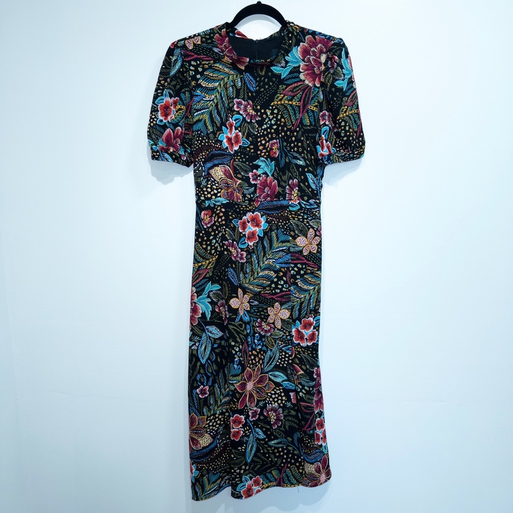 Maia Black Floral and Leaf Print Ruffle High Neck Midi Dress Size 8